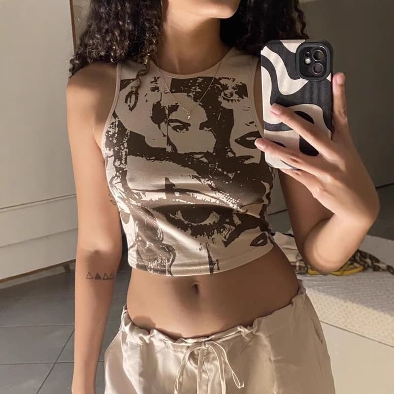 Amazon US/EU Hot Selling Strappy Portrait Print Slim Fit Short Crop Top Sexy Vest