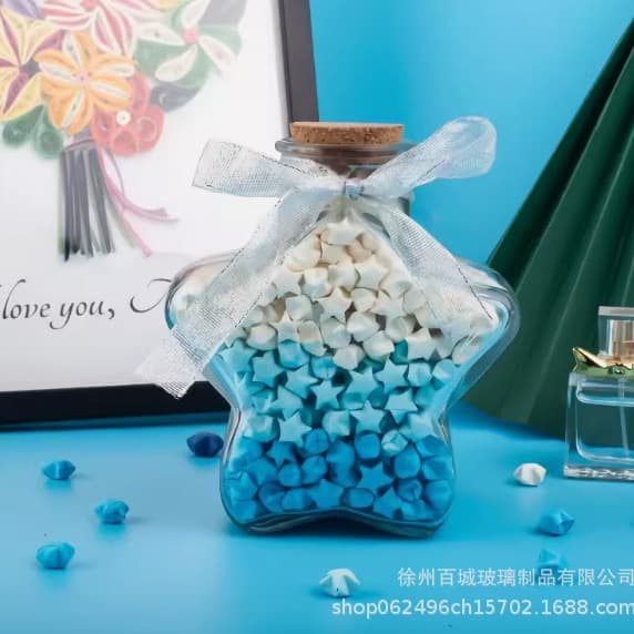 Lucky Star Wish Bottle with Wooden Stopper Glass Jar, Drift Bottle Holiday Gift, Origami Star Five-Pointed Star Storage Wish Container