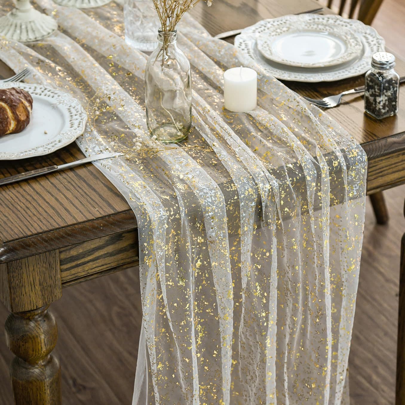 Gauze Table Runner Glitter Metallic Foil Transparent Restaurant Wedding Anniversary Holiday Birthday Table Decoration Home Party