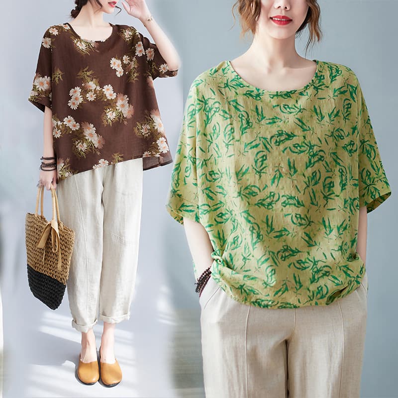 Plus Size Women's Summer 2023 Round Neck Printed Short Sleeve T-Shirt, Batwing Top for 200 lbs