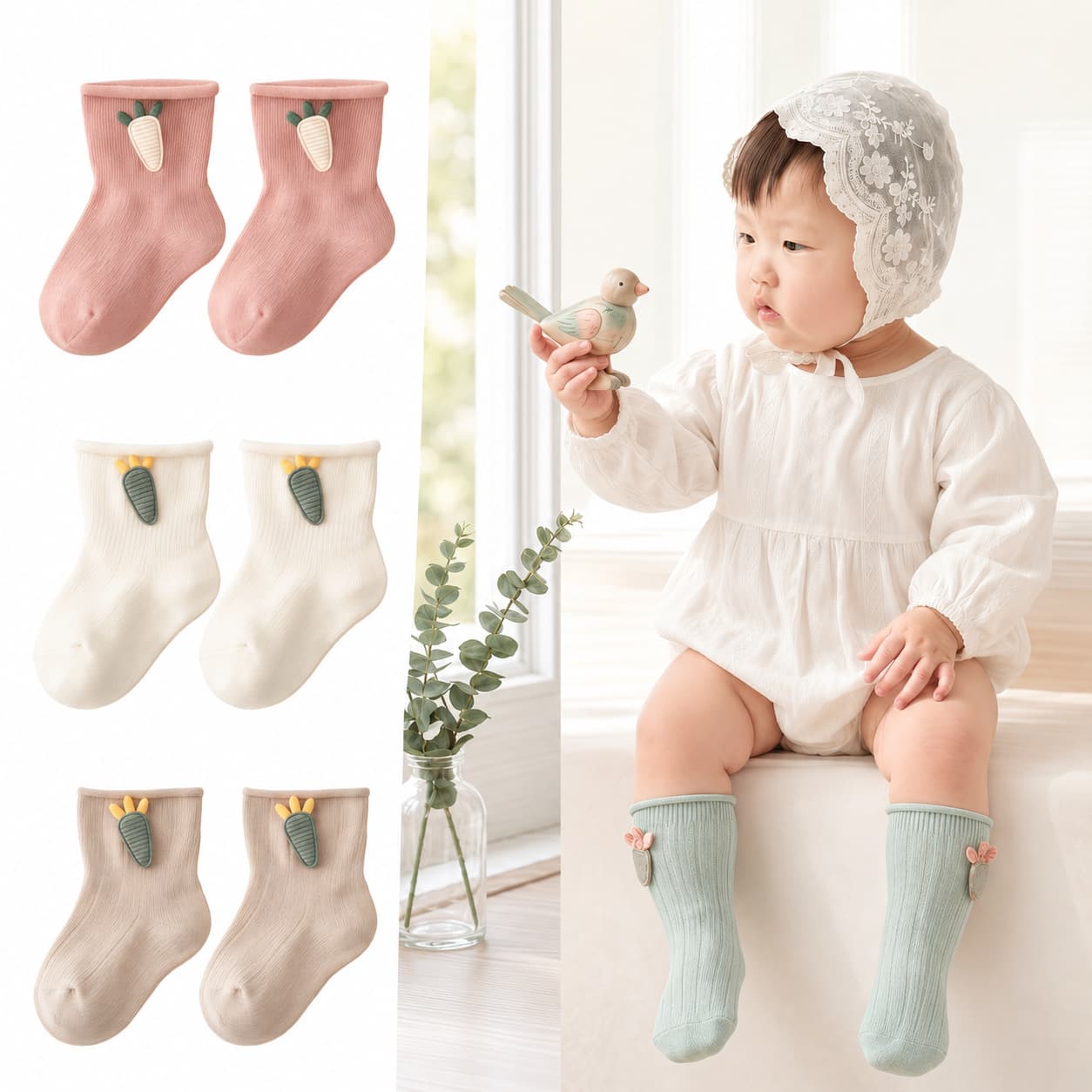 Pure cotton Korean style cute radish patch curled socks baby socks ultra-thin breathable newborn loose socks wholesale
