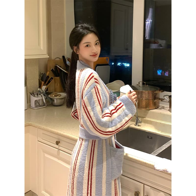 [Ready Stock] Contrast Color Striped Knitted Half Velvet Pajamas Women's Autumn and Winter Thickened Warm Home Clothes Pajamas Bathrobes