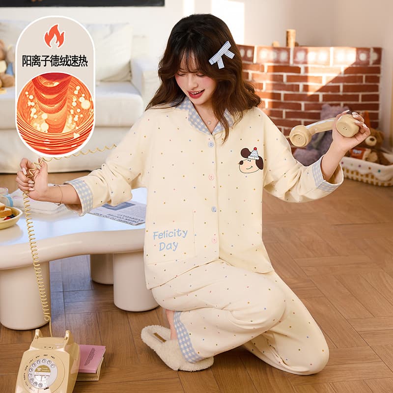 Autumn Winter Velvet 2025 New Women's Pajama Set, Sweet Cute Cardigan Plus Size Thick Fleece-Lined Homewear