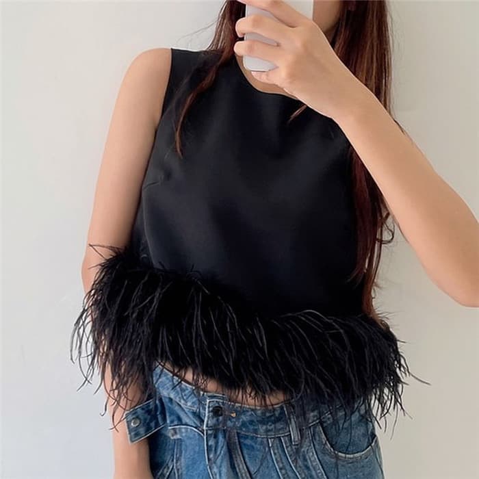 European and American Feather Vest T-Shirt Top Crop Tank Top T-Shirt Women