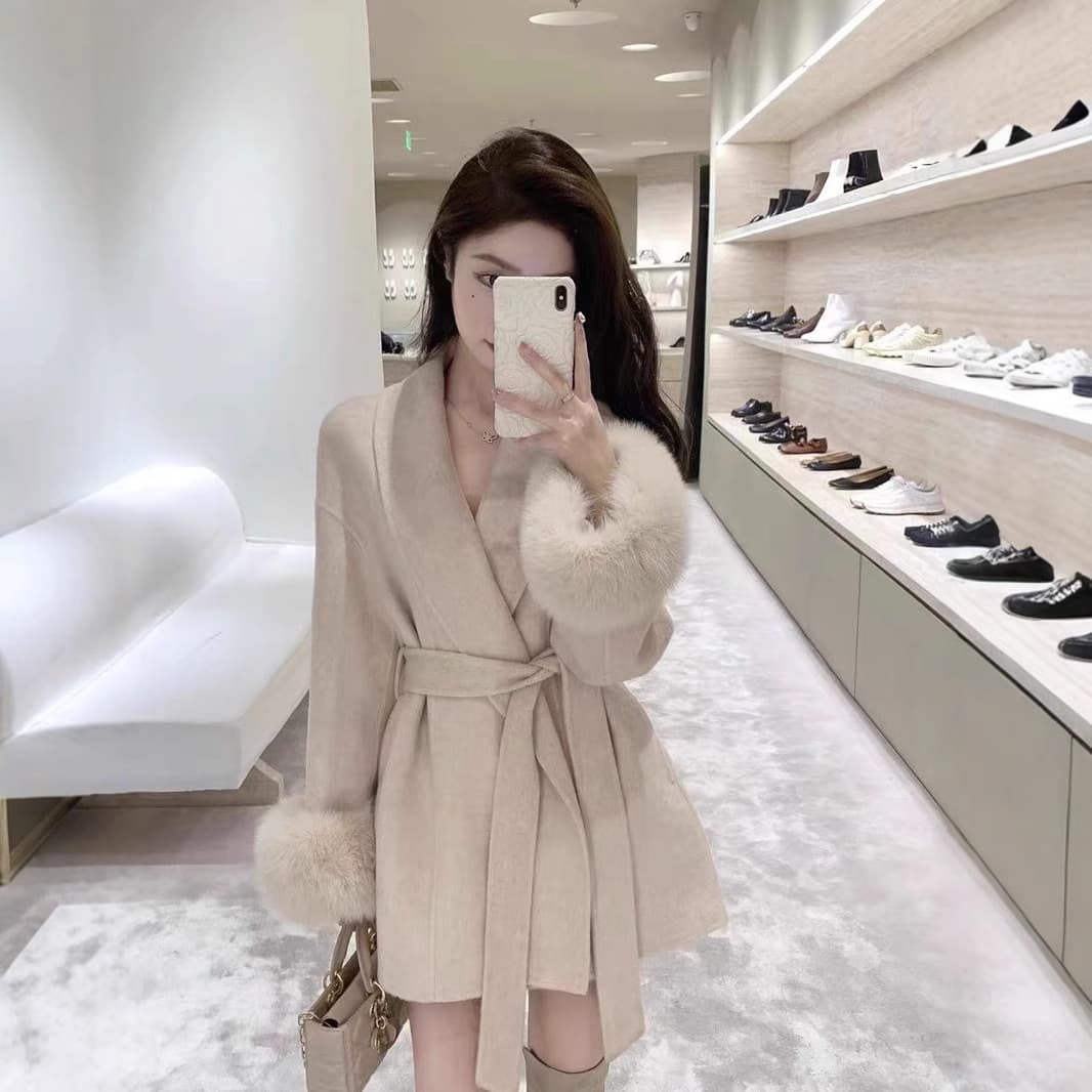 Elegant Long Sleeve Woolen Coat Women's Autumn Winter Waist-Cinching Belted Furry Splicing Knitted Open Cardigan Top