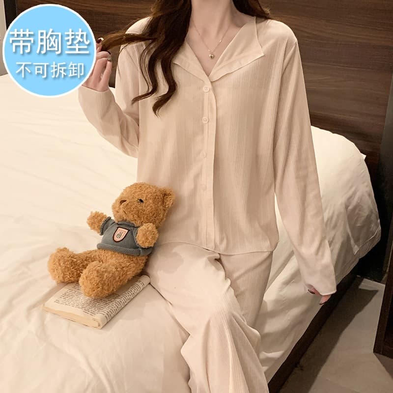 Pajamas with breast pads for women spring and autumn 2026 new cotton long-sleeved cardigan suit loose large size fat mm home clothes