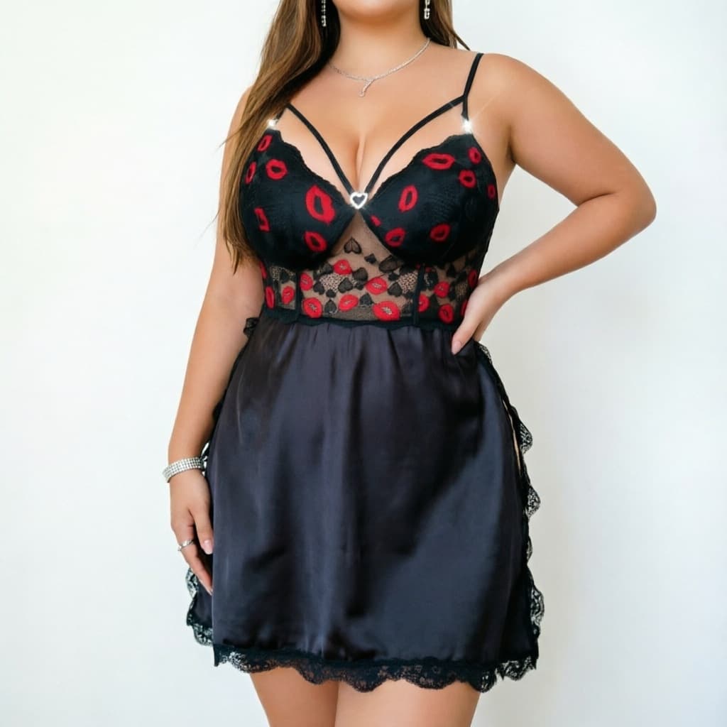 New Lace See-Through Lingerie Set with Red Lips Bowknot Strap Nightwear for Amazon Cross-Border EU & US Markets
