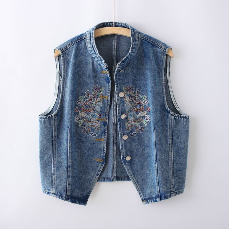 Retro style spring and autumn denim vest for women Chinese style Chinese style all-match vest outer wear embroidered new style loose