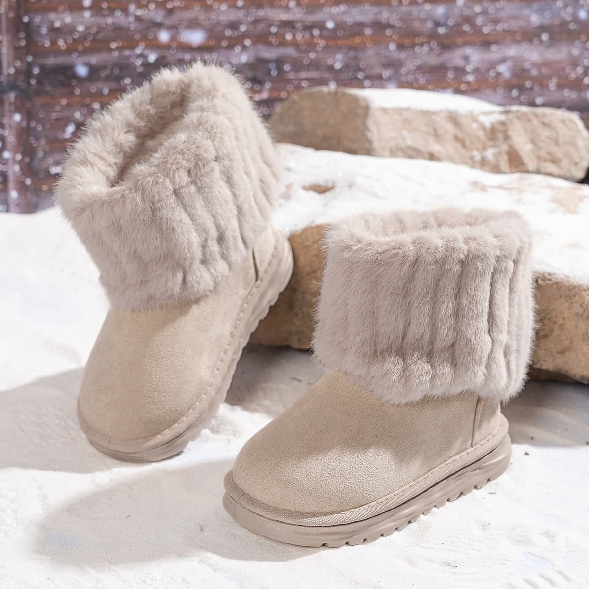 Children's Warm Snow Boots Plush Collar Soft Anti-Slip Round Toe Mid-Calf Slip-On Autumn/Winter Fleece-Lined Cotton Shoes