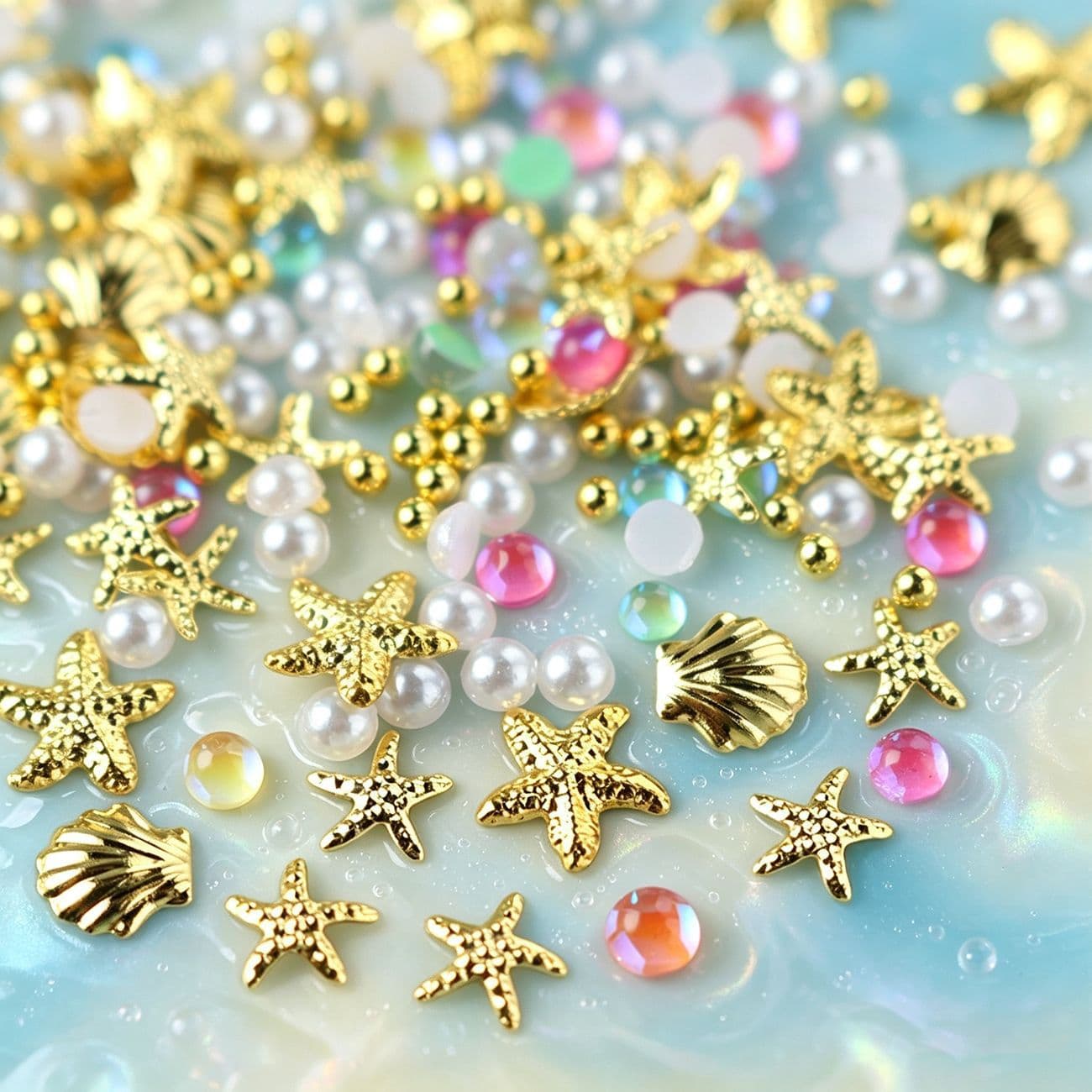 Ocean Style Starfish Shell Pearl Nail Art Alloy Ornament Iridescent Flatback Rhinestones Pearls Colorful Rhinestones DIY Jewelry Decoration