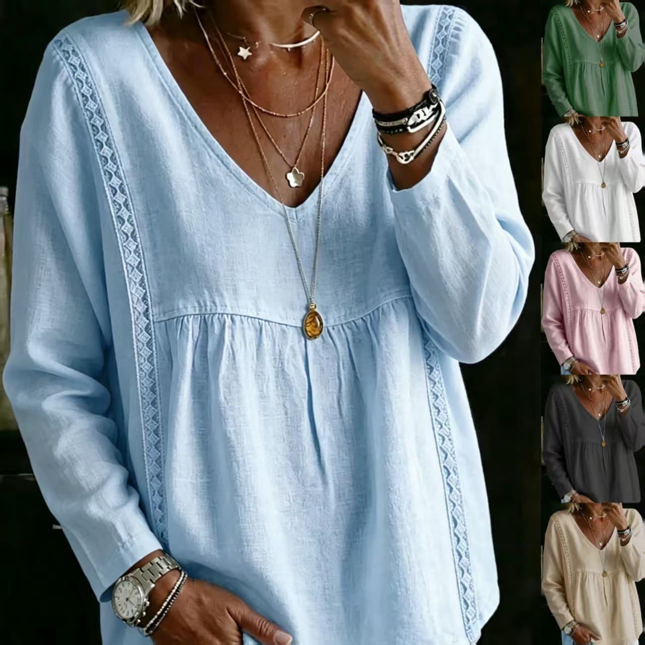 2026 foreign trade cross-border new autumn and winter lace V-neck pullover solid color women's casual long-sleeved tops shirts for women