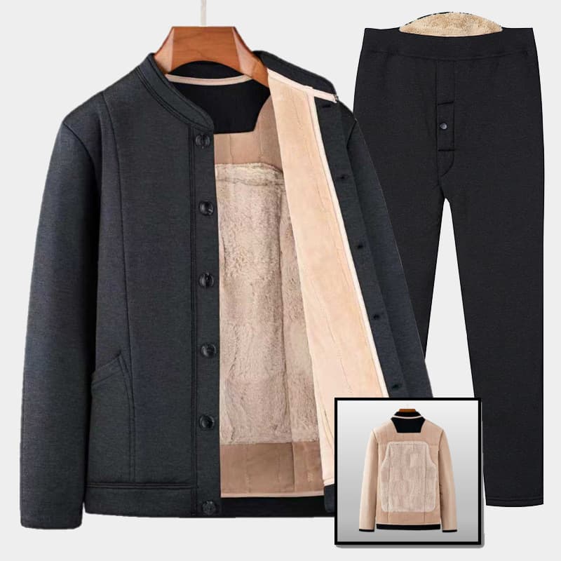 Middle-Aged and Elderly Fleece-Lined Thickened Cotton Jacket and Pants with Fur Patch Thermal Winter Dad Outfit Grandpa Suit Warm Set