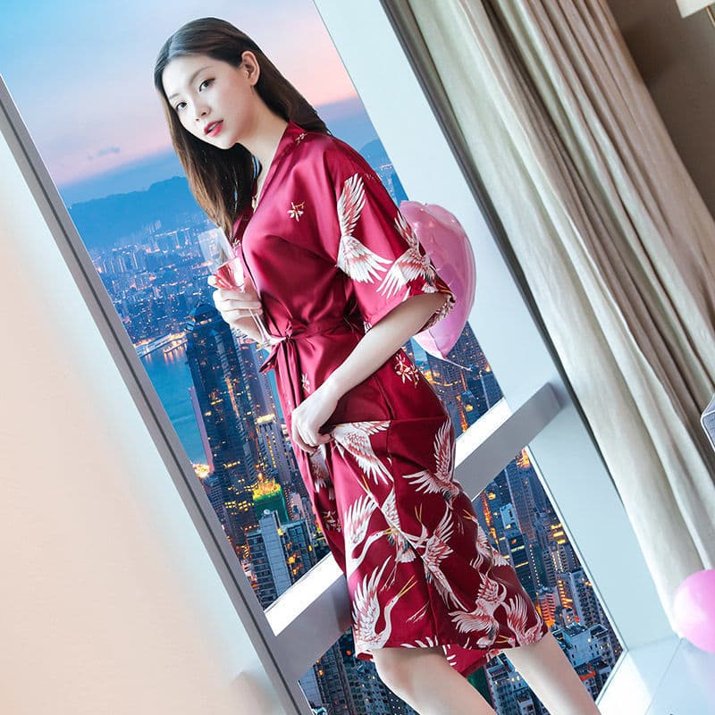 Bride & Bridesmaid Morning Robe Wedding Party Silk-like Crane Print Sleepwear Sexy Nightgown Robe