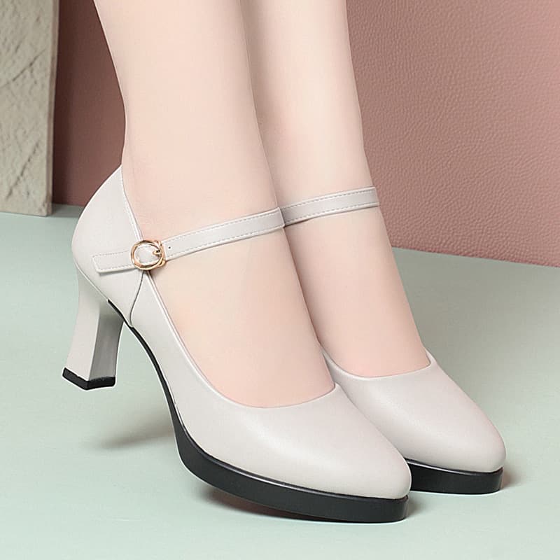 Spring/Autumn High Heel White Single Strap Buckle Qipao Shoes Model Performance Catwalk Leather Shoes Women's