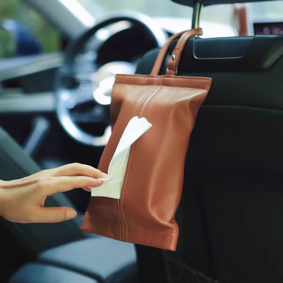 Factory Source Leather Car Tissue Paper Bag Waterproof Dustproof Hangable Household Vehicle Storage Bag