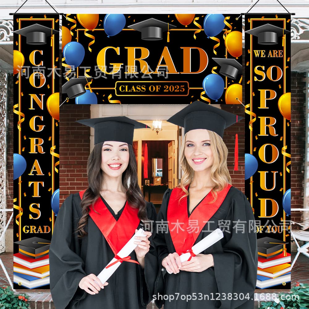 2025 Cross-border New Graduation Season Three-Piece Set Background Cloth, Couplets, Balloons, Graduation Cap, Ribbon Graduation Party Decoration
