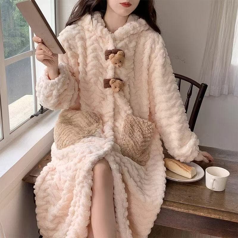 Little Bear Korean Style Nightgown Women's 2025 Autumn Winter New Coral Velvet Thickened Hooded Bathrobe Long Pajamas Nightgown