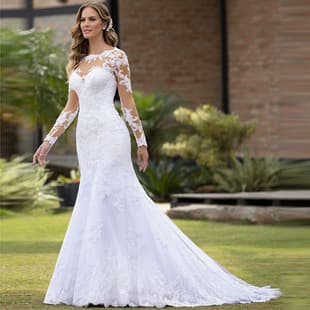European-American Long-Sleeve Full Lace Mermaid Wedding Dress, One-Shoulder Illusion Neckline, Fitted Waist, Big Train, Ceremony Gown
