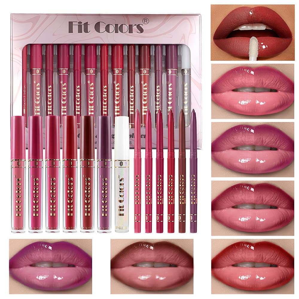 Fit Colors 6+7 Lip Gloss & Lip Liner Set, Matte, Smudge-Proof, Waterproof, Long-Lasting Lip Gloss