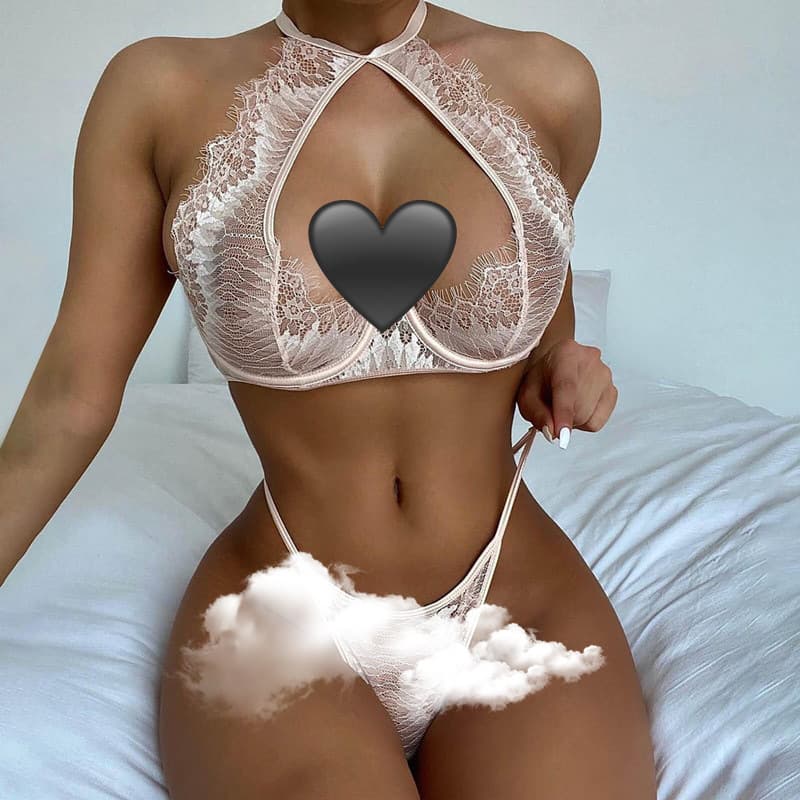 Sexy lingerie two-piece set, halter neck sheer mesh, lace panties, tempting easy-off lingerie for women