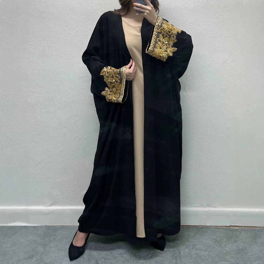 F468 Women's Foreign Trade Cross-Border Beaded Cardigan Long Dress Outerwear Loose Embroidered Batwing Sleeve Dress Nida Fabric
