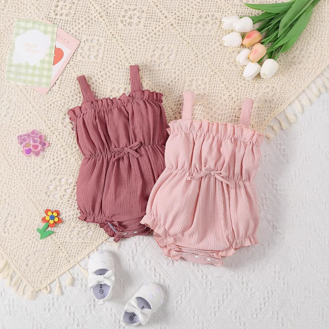 Cross-border Hot Seller Baby Girl Fashion Solid Color Bubble Texture Soft Fabric Ruffle Strap Triangle Bodysuit
