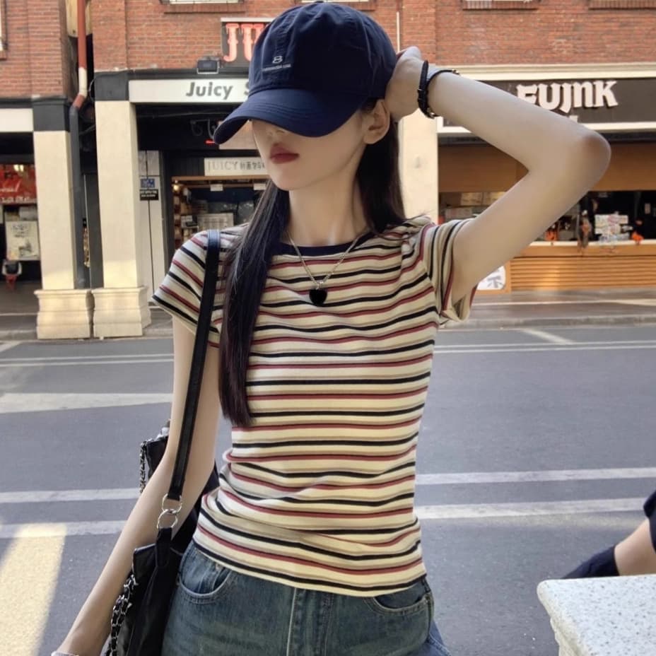Color-Block Striped Round Neck Stylish Ins-Style Short-Sleeve T-Shirt for Women, Summer Slim-Fit Slimming Base Top, Trendy Women's Top