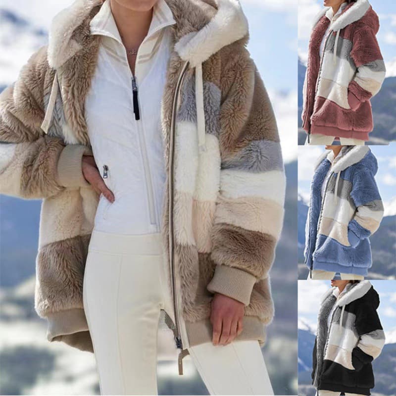 Cross-border Amazon Best Seller European and American 2025 Autumn/Winter Warm Plush Patch Zipper Pocket Hooded Loose Coat Women