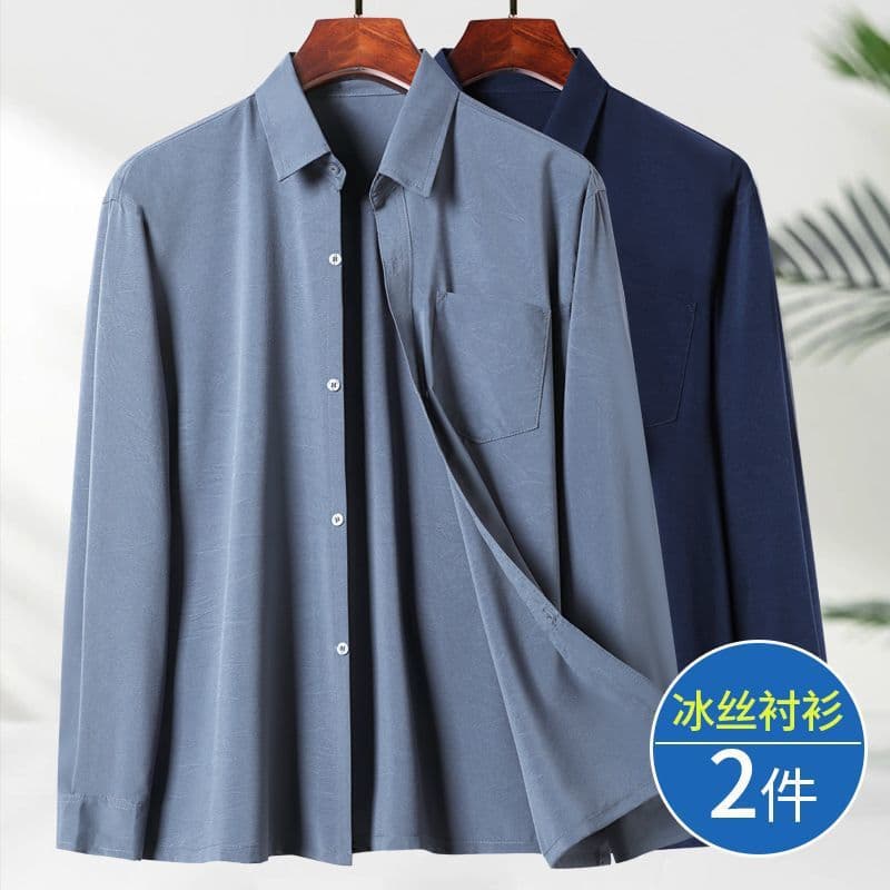 Summer Ice Silk Long Sleeve Shirt for Middle-aged and Elderly Men, Father's Summer Shirt, Thin Clothing for Ages 70 to 80