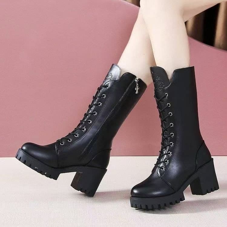 Chunky Heel Martin Boots Women's Mid-Calf Boots 2025 Autumn Winter New Arrival British Style Versatile Fashion Boots High Heel Women's Boots