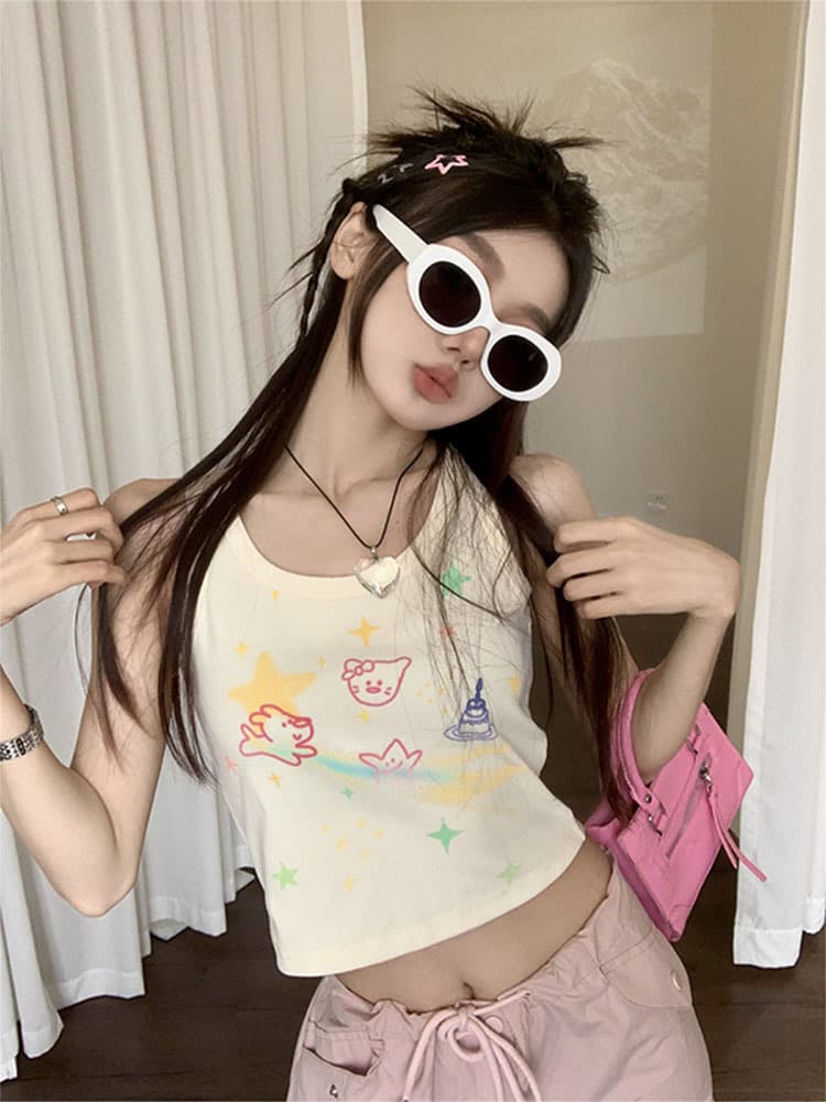 Sweet and Cute Women's Top: Unique Cartoon Graffiti Print, Slimming Short Sleeveless Vest