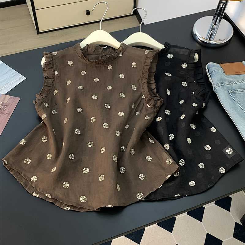 Cotton Printed Sleeveless Blouse for Women, New Summer Ruffle Shirt, Vintage Stylish Youthful Top