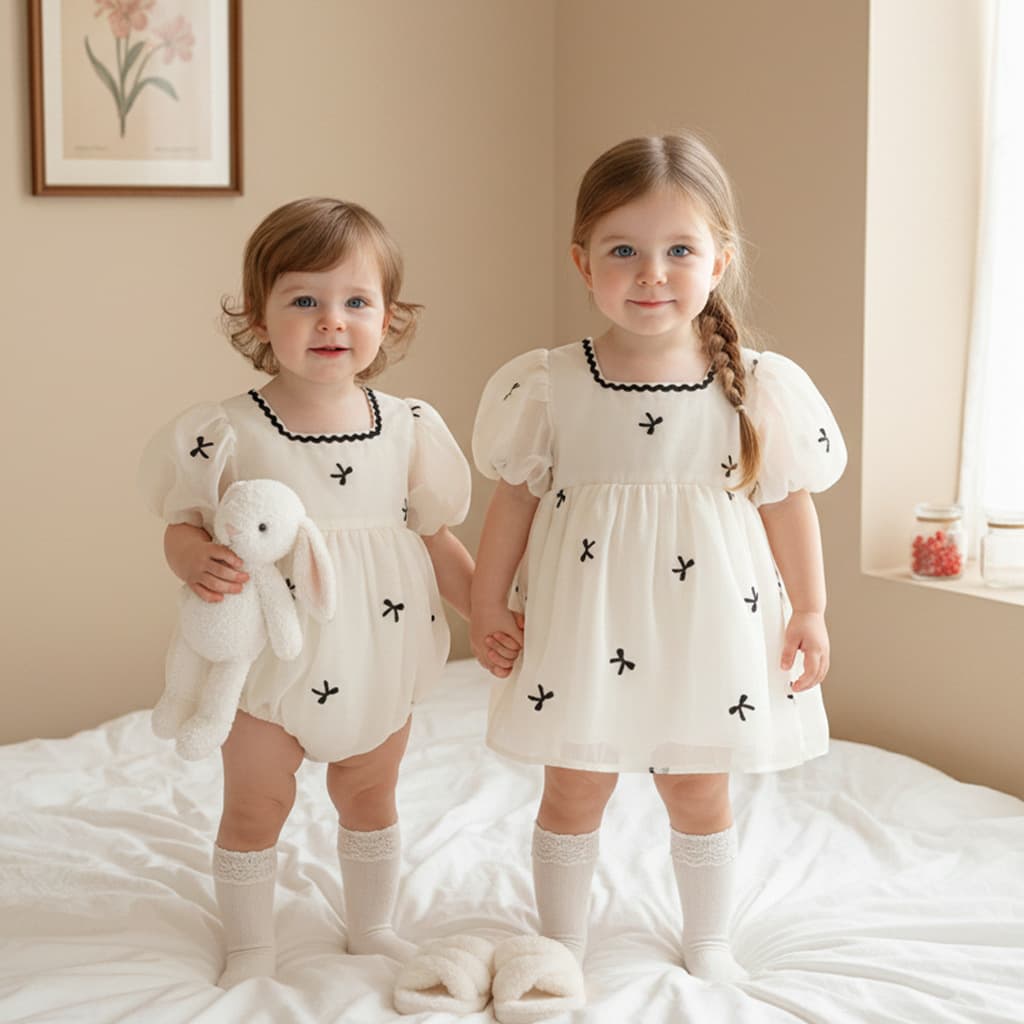 Summer new sweet bow puff sleeves baggy rompers for baby girls and sisters outfits harem dress fashionable
