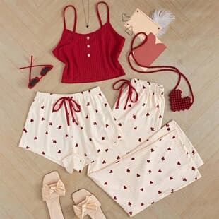 2024 New Women's Pajama Set Spring Summer Sweet Cute 3-Piece Camisole Shorts Long Pants Sexy Loungewear 7701