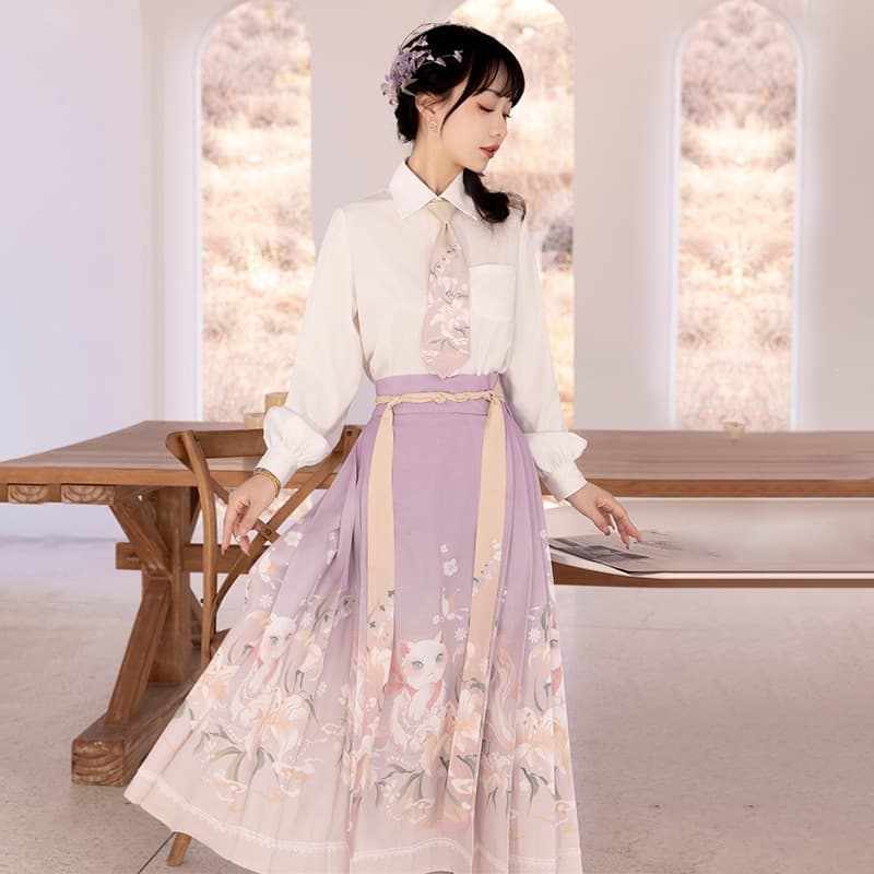 Original design Lily of the Valley Meow Meow Chinese style horse face skirt Han element Hanfu blouse spring and summer two-piece set 6477