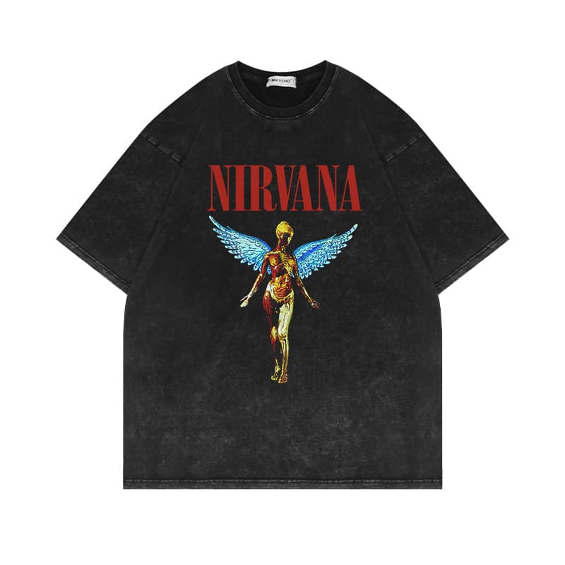 280g washed distressed short-sleeve T-shirt, Nirvana rock band American vintage oversized trendy cotton T-shirt
