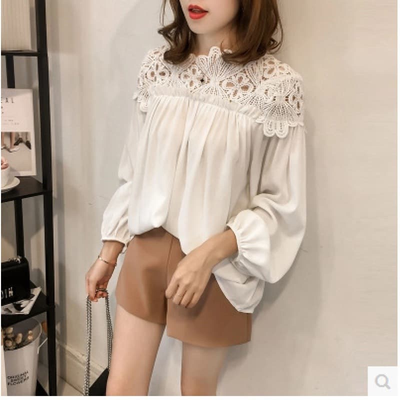 2025 Spring Autumn New Korean Fashion Crochet Hollow Lace Patch Chiffon Blouse Women Loose Slimming Long Sleeve Top