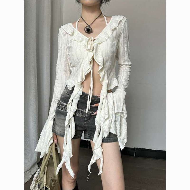 Retro hole-in-the-wall slightly see-through long-sleeved top with ribbons for women, ruffled hottie slimming slimming anti-diaphragm outer T-shirt