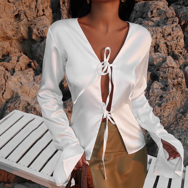 2025 New INS Fashion European and American Cross-border Autumn Women's Deep V Flared Sleeve Tie-up Top Long Sleeve