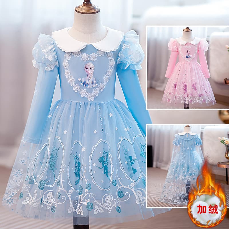 Fleece 9009# Fleece New Frozen Elsa Princess Dress Girls Skirt Gown Children Blue Dress