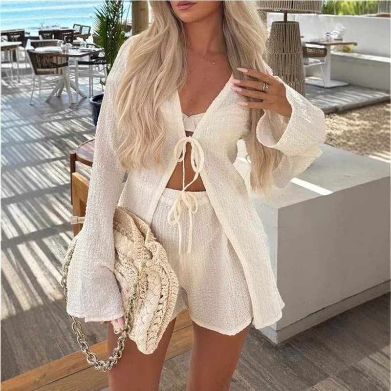 New Cross-Border Summer European and American Style Women's Holiday Loose Suit with Tie Shorts Two-Piece Set and Elastic Waist Top