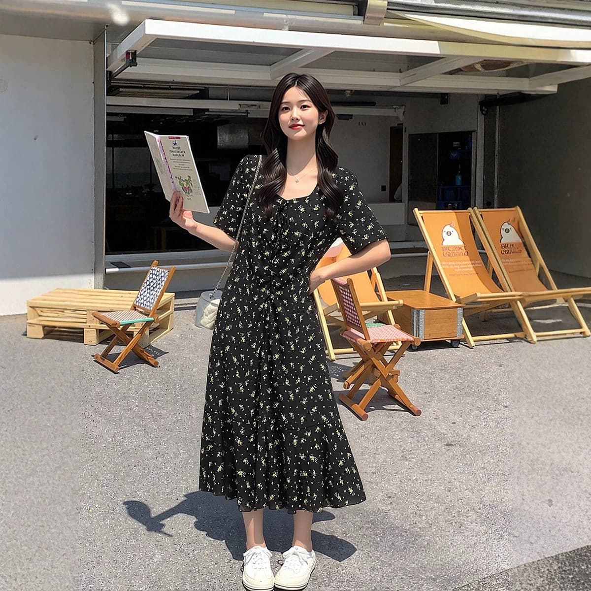Plus Size Women's New Summer Floral Print Dress for 130-160 lbs, French Tea Dress Hong Kong Style Slimming Chiffon Dress