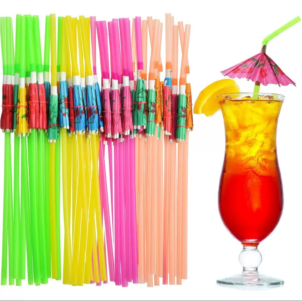 In stock fluorescent umbrella straws, plastic fancy cocktail straws, tropical Hawaiian party decoration umbrella straws