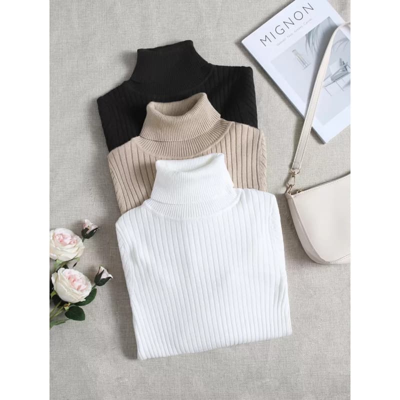 K 73575 Solid High Collar Knit Tops