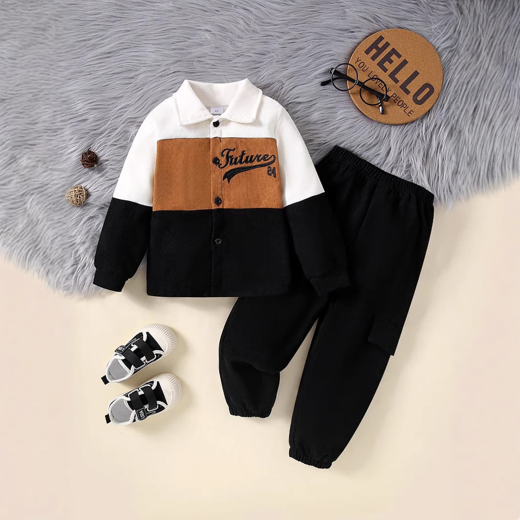 Autumn/Winter Boy Letter Embroidery Corduroy Contrast Jacket + Solid Pants 2-Piece Set