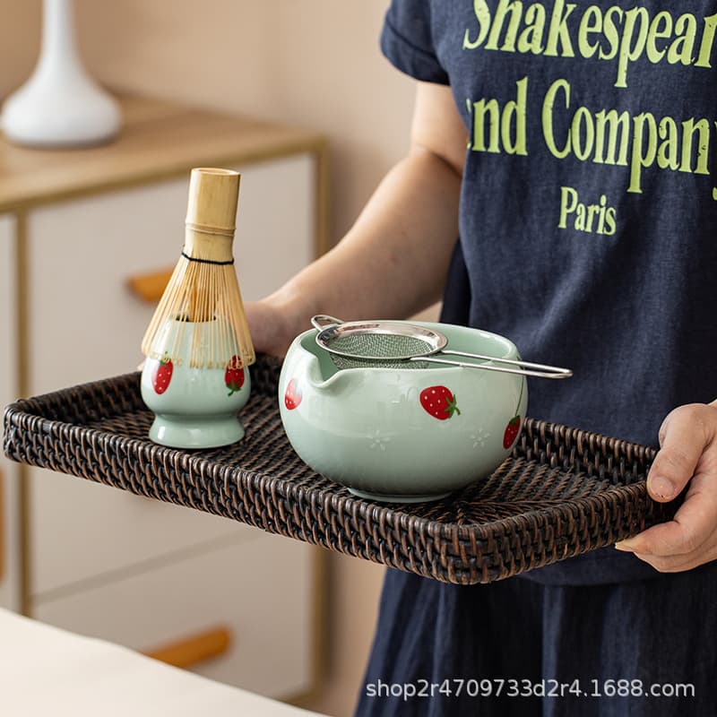 New strawberry cross-border ceramic matcha bowl set with bamboo whisk for matcha, bamboo matcha brush Hyakuhon-ritsu wholesale