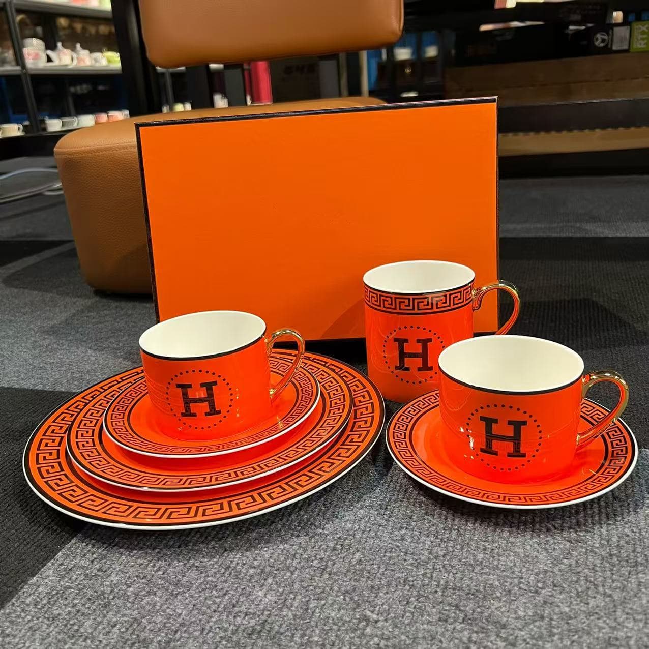 European Style Maji H Orange Coffee Cup Saucer Dinner Plate Flat Plate Western Plate Mug Water Cup Bone China High-End Gift