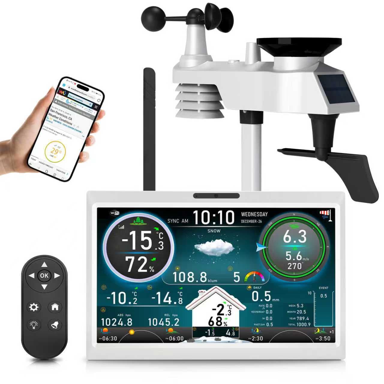 10.1-inch HD Smart Remote Control TFT Display WiFi Weather Station Solar Outdoor Sensor
