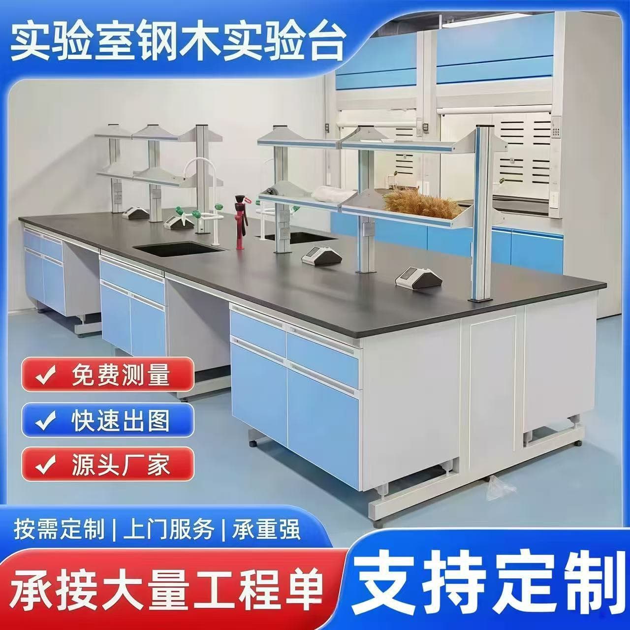 Steel and Wood Lab Bench, Laboratory Workbench, Chemical Analysis Table, All-Steel Central Table, Side Table, Test Table, Fume Hood