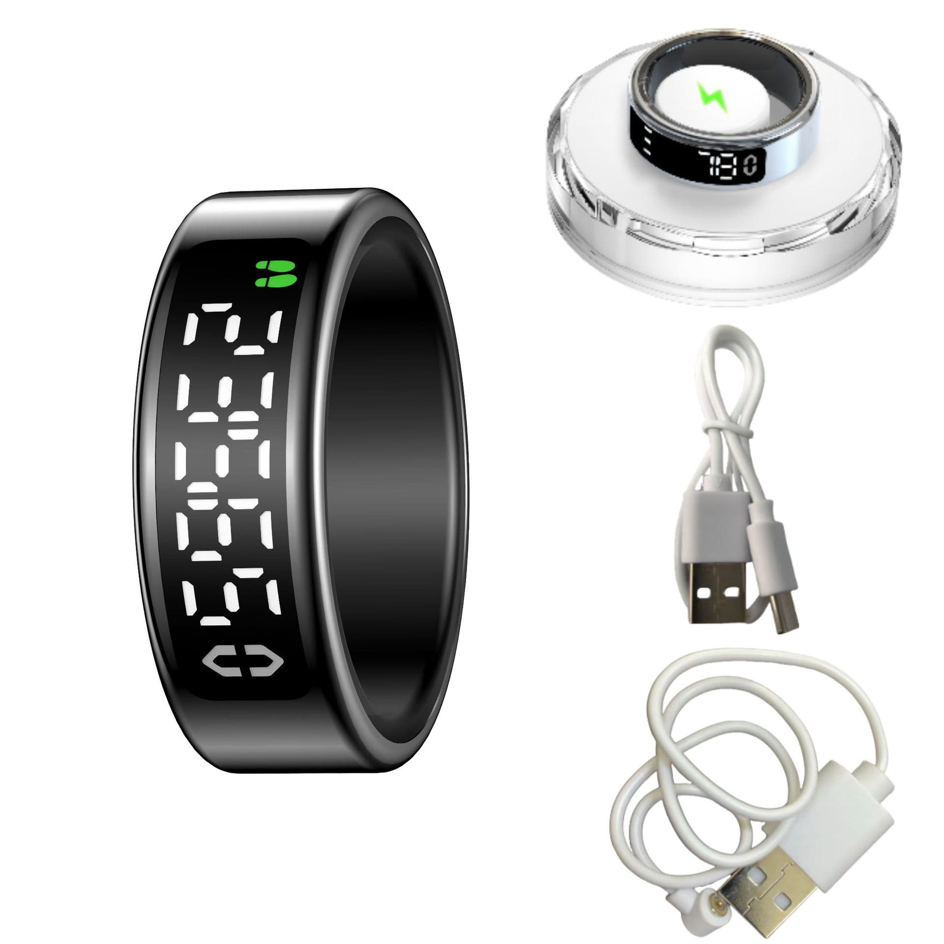 Smart ring monitors heart rate, blood oxygen, sleep, exercise, heart rate variability, brightness, and connects with family and friends. (TK icon)